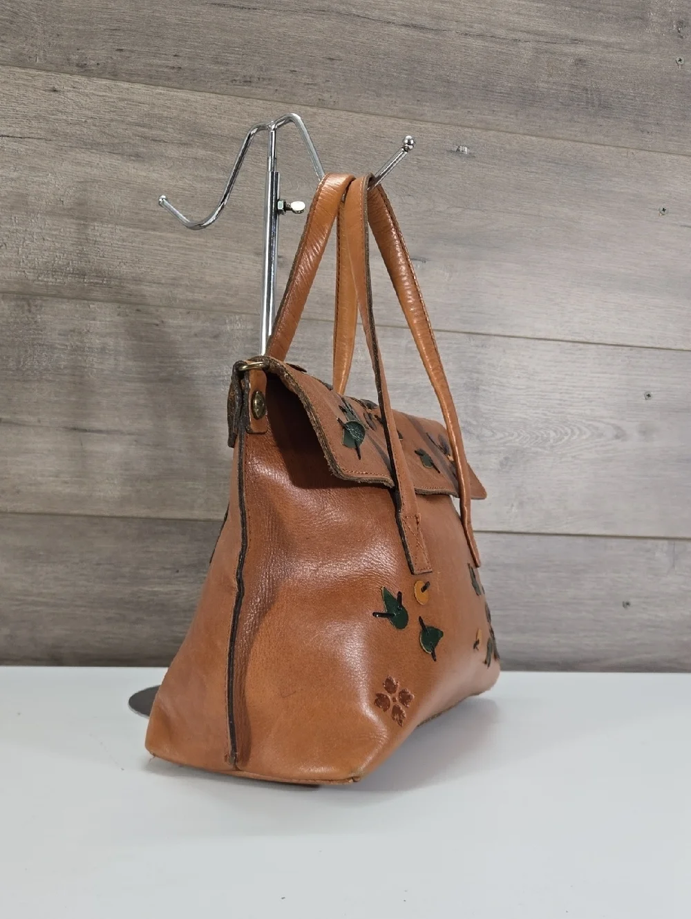 Patricia Nash Floral Appliqué Brown Leather Satchel Shoulder Bag Purse